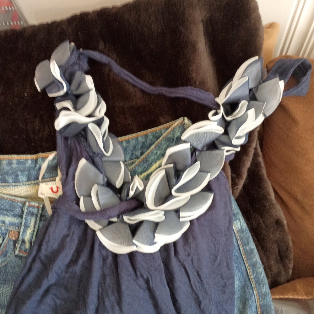 Navy Blue Top with Floral Accents